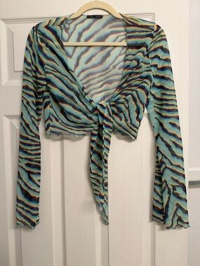 Bershka Aqua Multi Tie-Front Sheer Crop Top